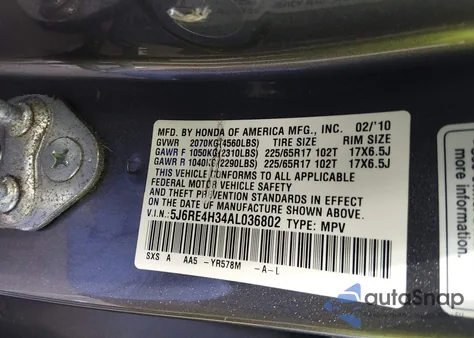 2010 Honda Cr-V Lx from USA, damaged, VIN 5J6RE4H34AL036802